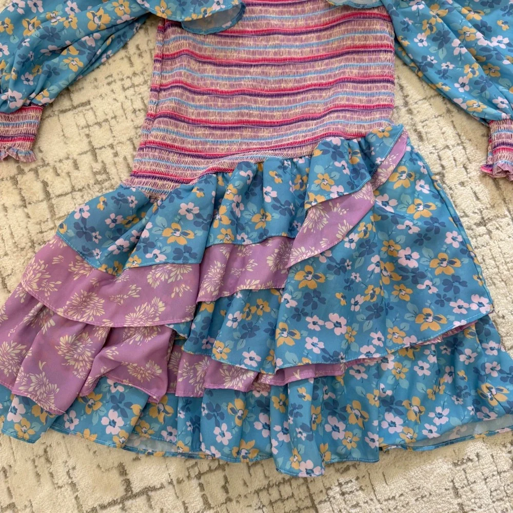 H1 Yvonne & Love Floral Smocked Tiered Ruffle Mini Dress Blue Purple Puff Sleeve
